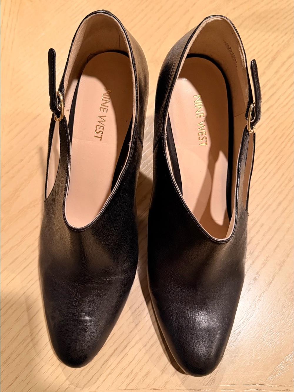 Nine West Black Leather Slingback Heels with Gold Buckles